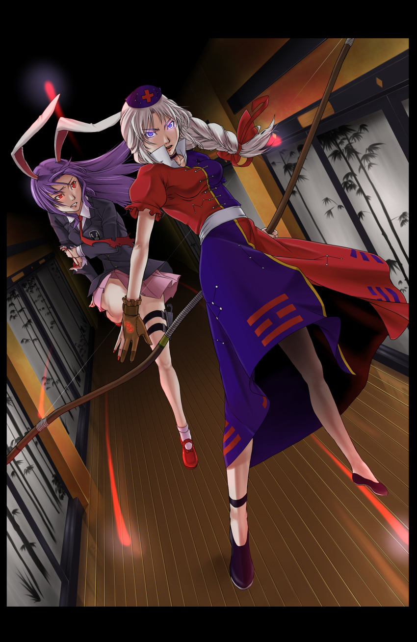 bad_id, blood, bow_(weapon), bunny_ears, highres, himegami_shino, rabbit_ears, reisen_udongein_inaba
