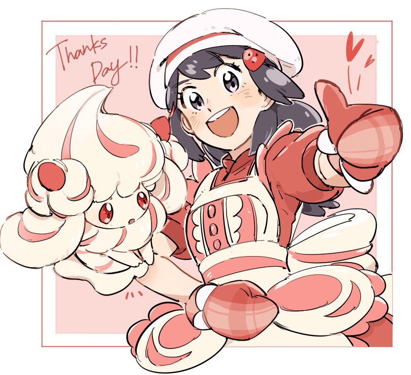 1girl, :d, alcremie, alcremie_(strawberry_sweet), apron, buttons, commentary_request, hikari_(pokemon)