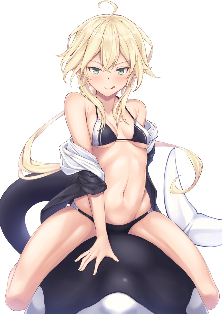 1girl, absurdres, ahoge, arm_support, bangs, bikini, black_bikini, blonde_hair, blush, breasts, green_eyes, halter_top, halterneck, highres, hood, hooded_track_jacket, jacket, kuroisiro, licking_lips, long_hair, looking_at_viewer, naughty_face, navel, no_pants, off_shoulder, open_clothes, open_jacket, orca, original, simple_background, sitting, small_breasts, smile, solo, spread_legs, straddling, swimsuit, tongue, tongue_out, track_jacket, under_boob