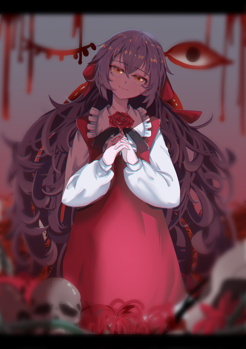 1girl, absurdres, black_ribbon, blood, bow, collar, collared_shirt, dress