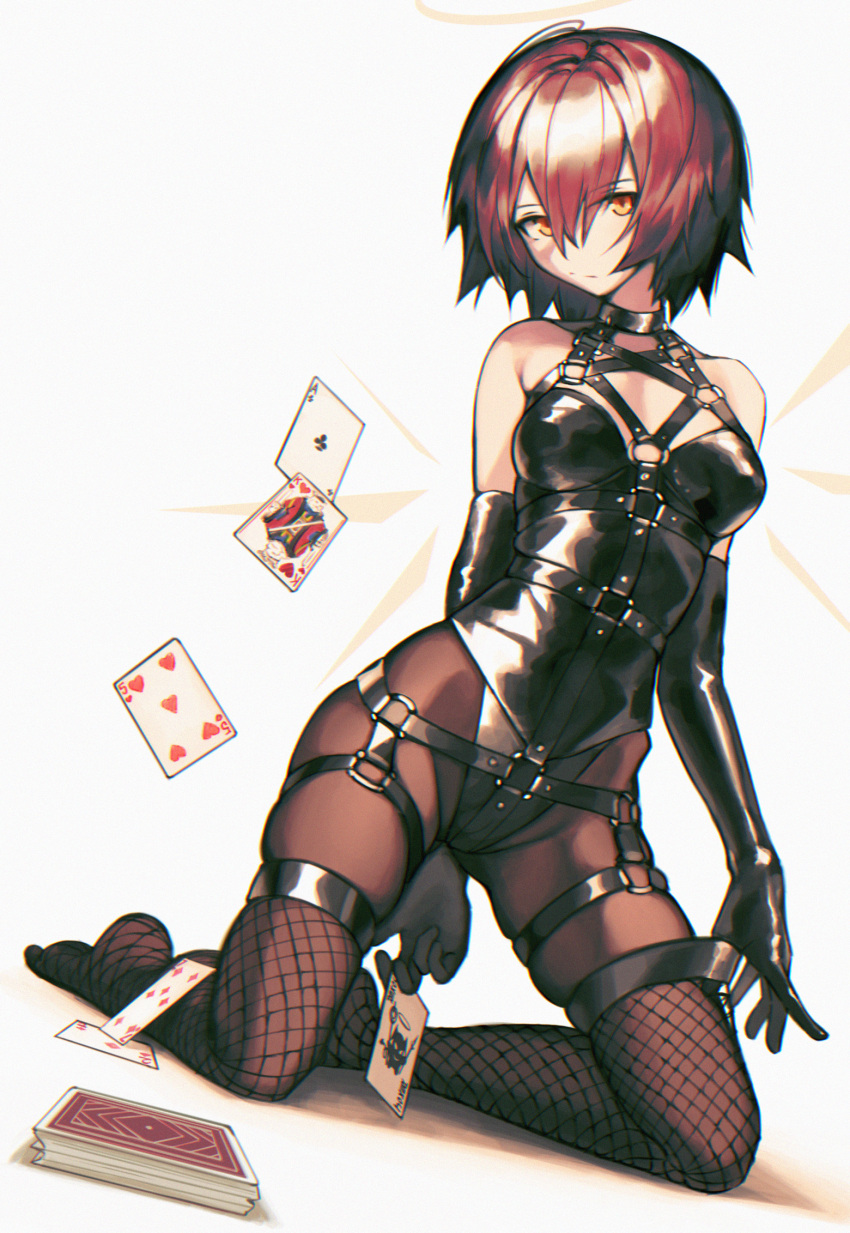 1girl, ace_of_clubs, alternate_costume, arknights, ass_visible_through_thighs, bare_shoulders, black_gloves, black_leotard