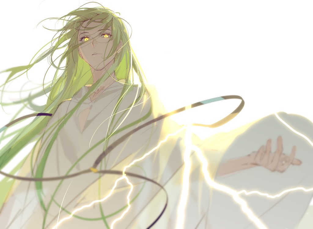 1boy, androgynous, backlighting, bangs, cloak, enkidu_(fate/strange_fake), expressionless, fate/grand_order