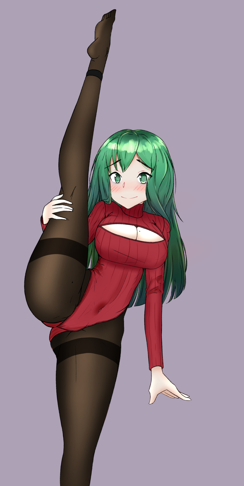 1girl, absurdres, bangs, blush, cleavage_cutout, clothing_cutout, eyebrows_visible_through_hair, green_eyes, green_hair, hand_on_own_thigh, herd001, highres, indie_virtual_youtuber, koopa_fortuna, open_hand, pantyhose, purple_background, red_sweater, ribbed_sweater, smile, soles, solo, spiral_eyes, split, standing, standing_on_one_leg, standing_split, sweater, virtual_youtuber
