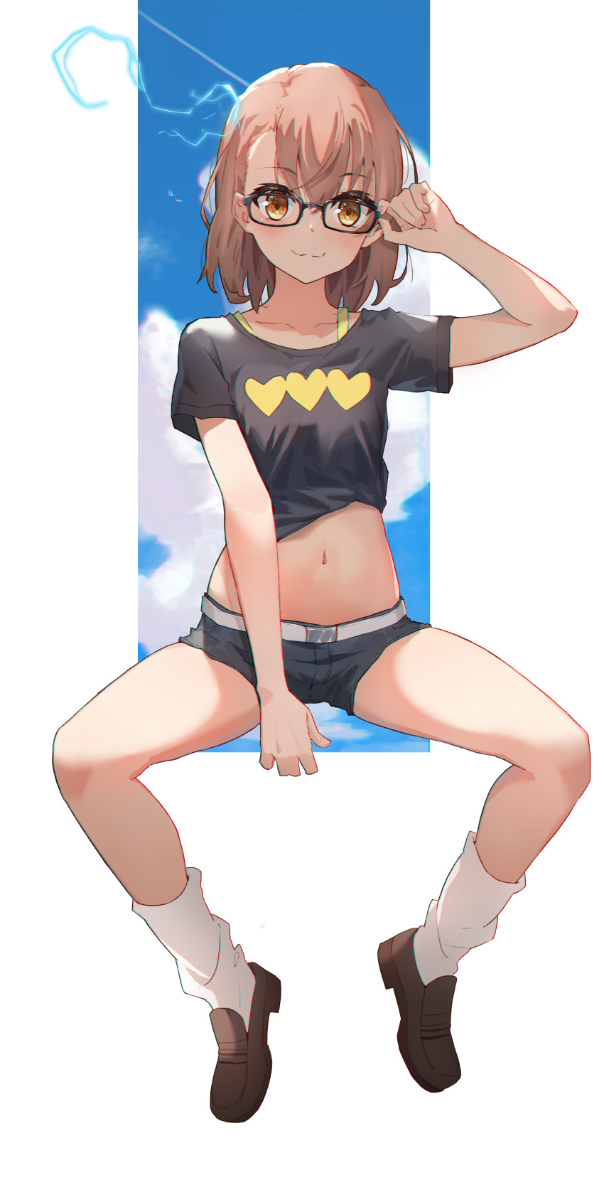 1girl, absurdres, adjusting_eyewear, alternate_costume, arm_up, bangs, belt, bespectacled
