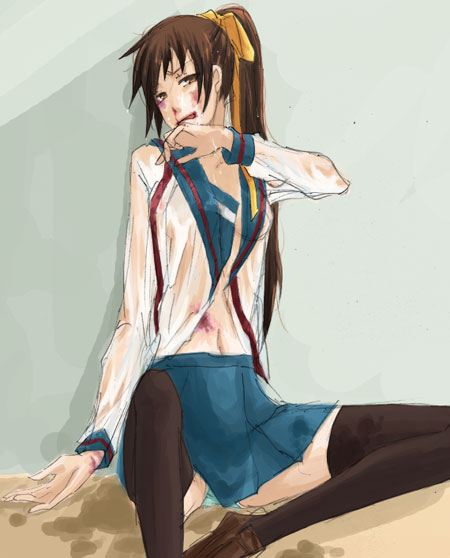 beat_up, kyon, kyonko, ponytail, school_uniform, solo, suzumiya_haruhi_no_yuuutsu, thighhighs