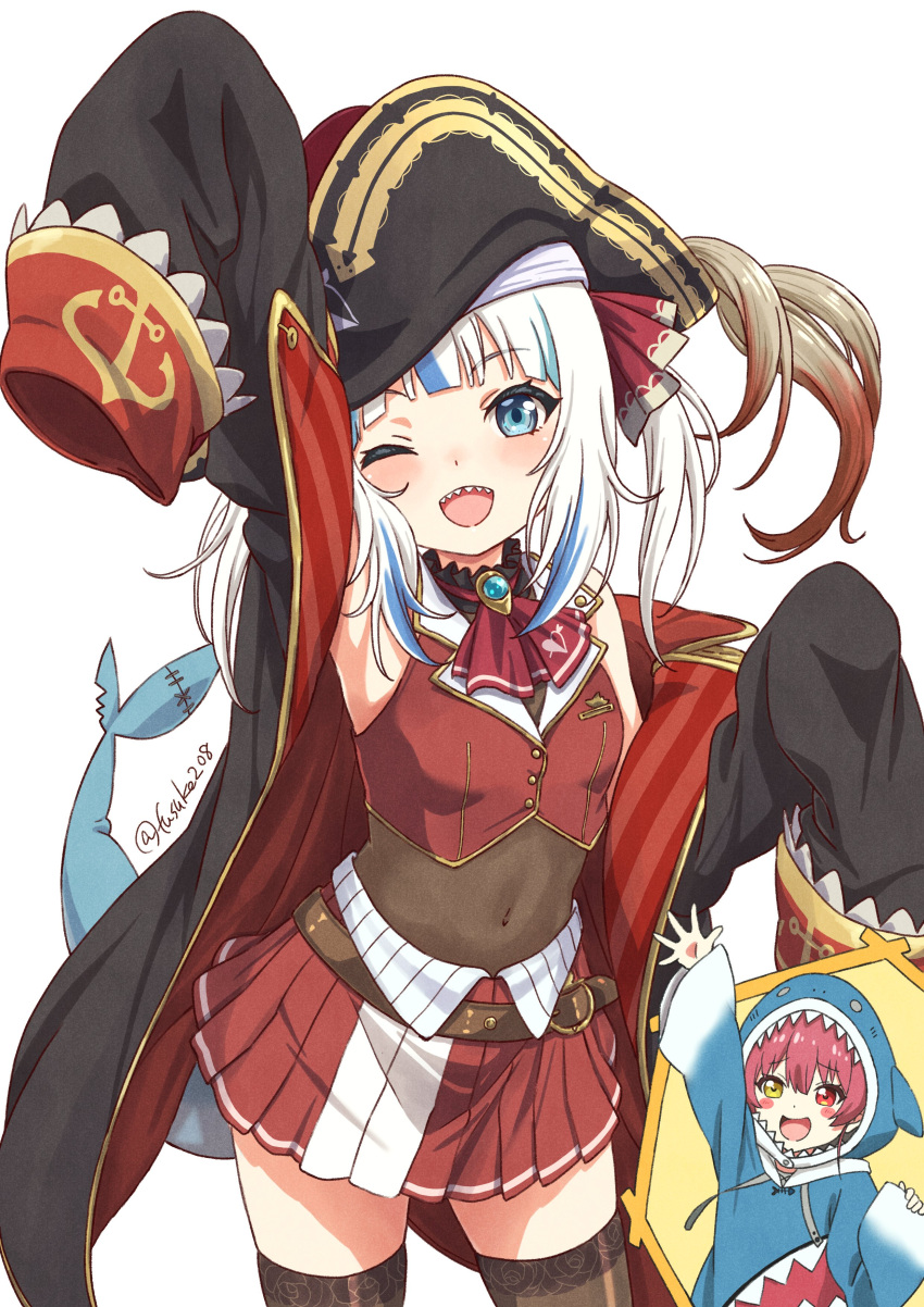 2girls, :d, ;d, absurdres, animal_hood, arm_up, armpits, artist_name