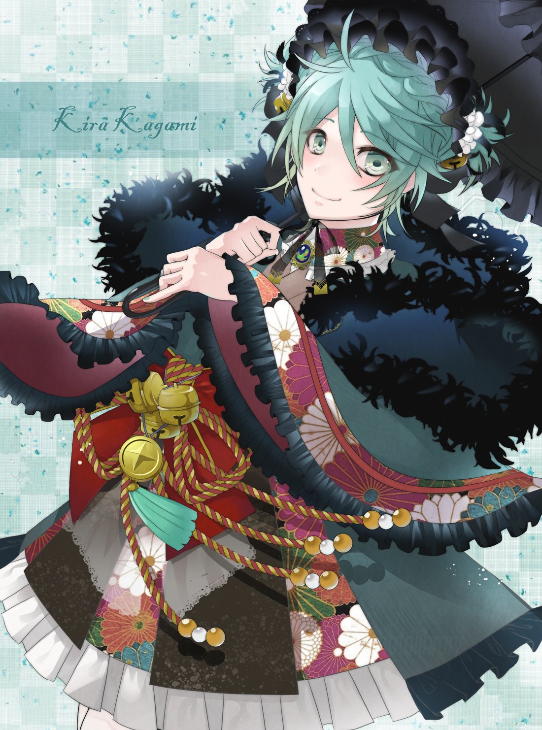 1boy, aya240609, bangs, bell, black_shawl, brooch, character_name, feather-trimmed_shawl
