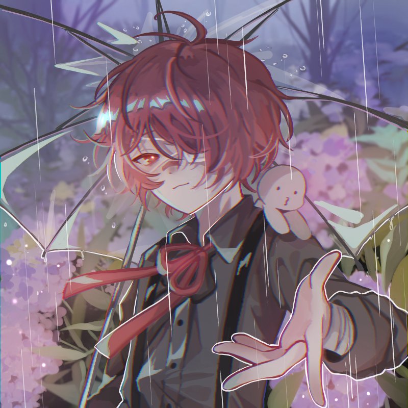 1boy, black_shirt, commentary, creature, flower, fukase, hair_over_one_eye, holding