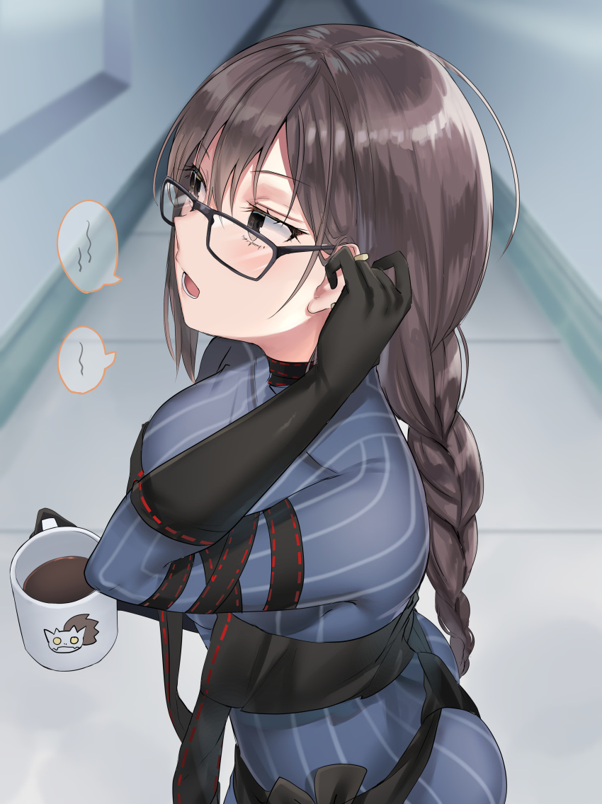 1girl, absurdres, arm_strap, bangs, black_dress, black_gloves, blue_dress, blush, braid, braided_ponytail, breasts, brown_eyes, brown_hair, center_opening, consort_yu_(fate), dress, earrings, elbow_gloves, fate/grand_order, fate_(series), fou_(ssqseeker), glasses, gloves, grey_dress, highres, jewelry, layered_dress, long_hair, long_sleeves, medium_breasts, multiple_earrings, open_mouth, ribbed_dress, ribbon-trimmed_dress, single_braid, very_long_hair