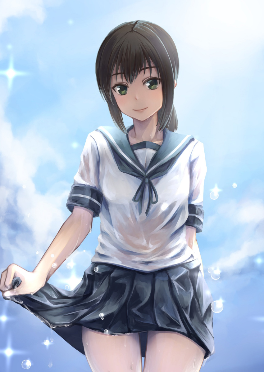1girl, aira_(qwedcxza49), black_hair, blue_skirt, cowboy_shot, fubuki_(kantai_collection), green_eyes, highres