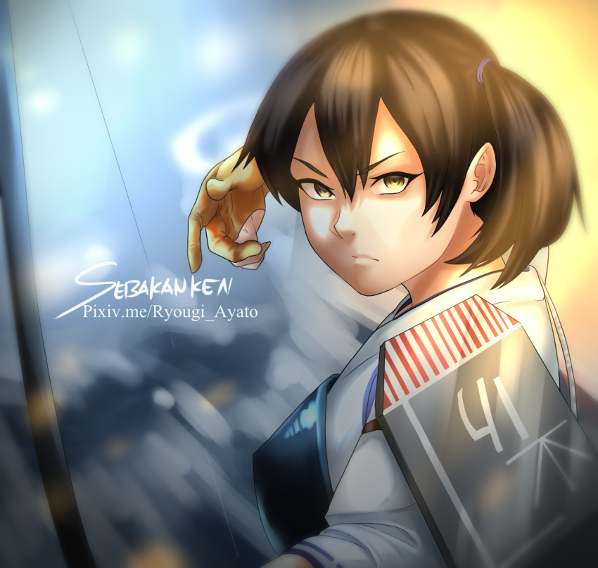1girl, artist_name, bow_(weapon), brown_eyes, brown_hair, ears, flight_deck, gloves