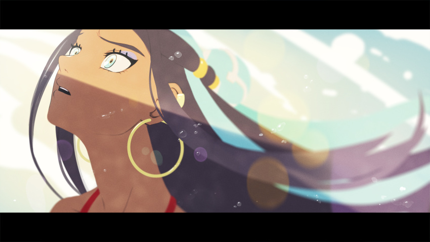 1girl, black_hair, blurry, bubble, commentary_request, dark_skin, dark-skinned_female, earrings, eyelashes, green_hair, gym_leader, hair_bun, head_back, highres, hoop_earrings, jewelry, lens_flare, letterboxed, light_beam, long_hair, looking_up, makeup, multicolored_hair, nessa_(pokemon), open_mouth, pokemon, pokemon_(game), pokemon_swsh, portrait, purple_eyeshadow, rend, solo, teeth, two-tone_hair