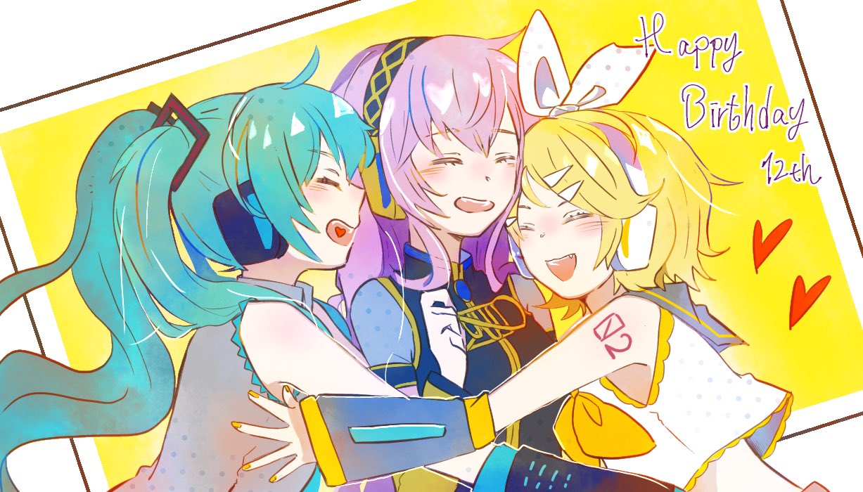 3girls, aqua_hair, armband, bangs, bare_shoulders, black_shirt, black_sleeves, blonde_hair