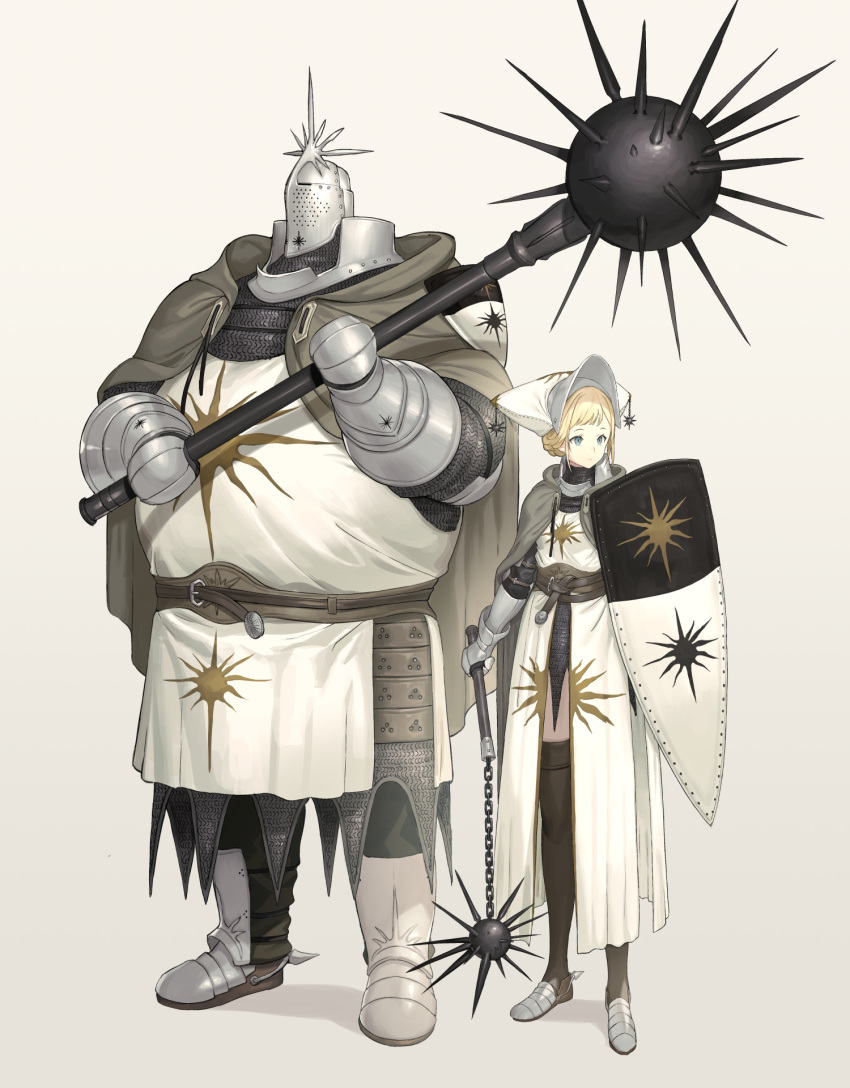 1boy, 1girl, armor, belt, blonde_hair, blue_eyes, brown_belt, brown_legwear