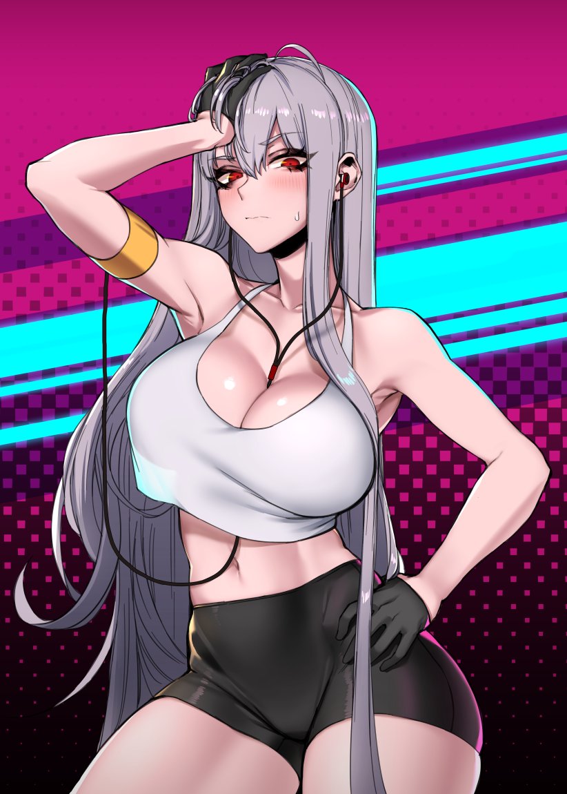 1girl, bad_id, bad_twitter_id, bare_shoulders, between_breasts, bike_shorts, black_gloves, blush