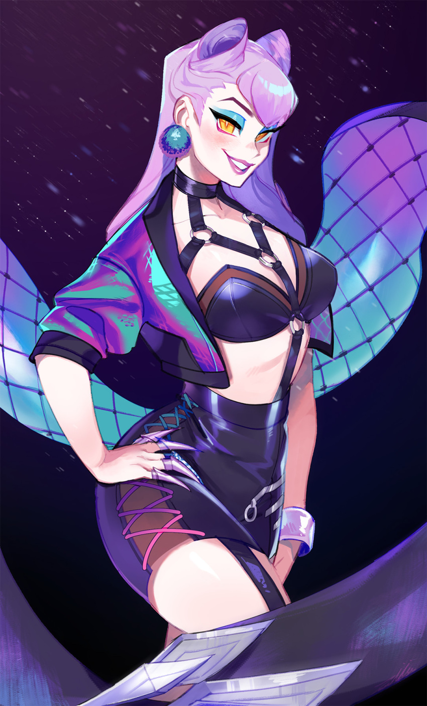1girl, blue_eyeshadow, blush, bracelet, breasts, commentary, cropped_jacket, earrings