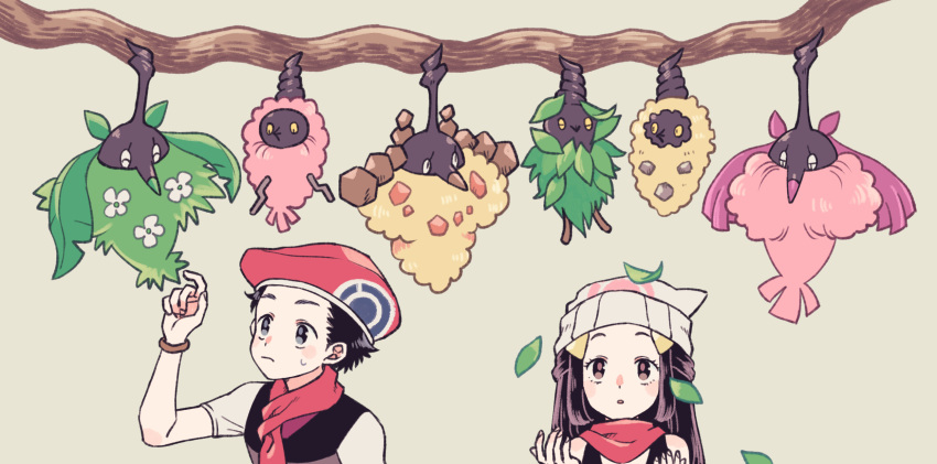1boy, 1girl, beanie, black_hair, blush, bracelet, burmy, burmy_(plant)