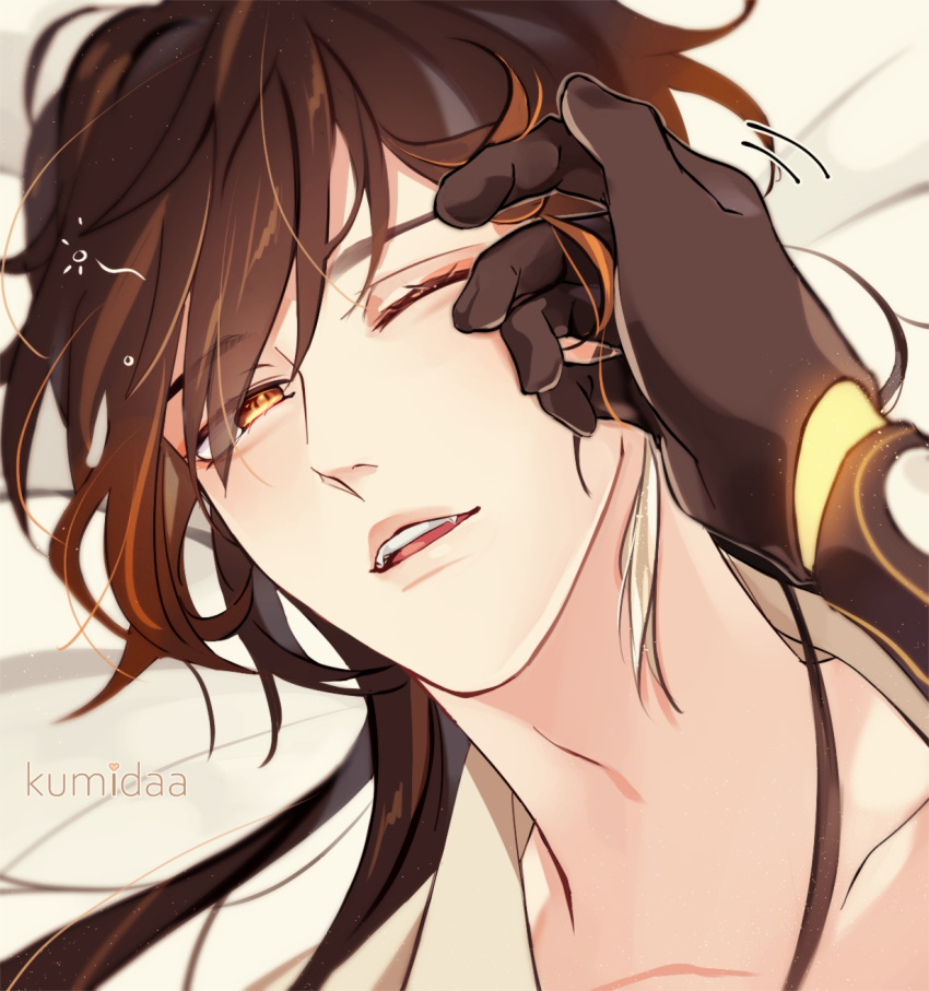 1boy, aether_(genshin_impact), bangs, bed_sheet, black_hair, brown_hair, close-up, collarbone