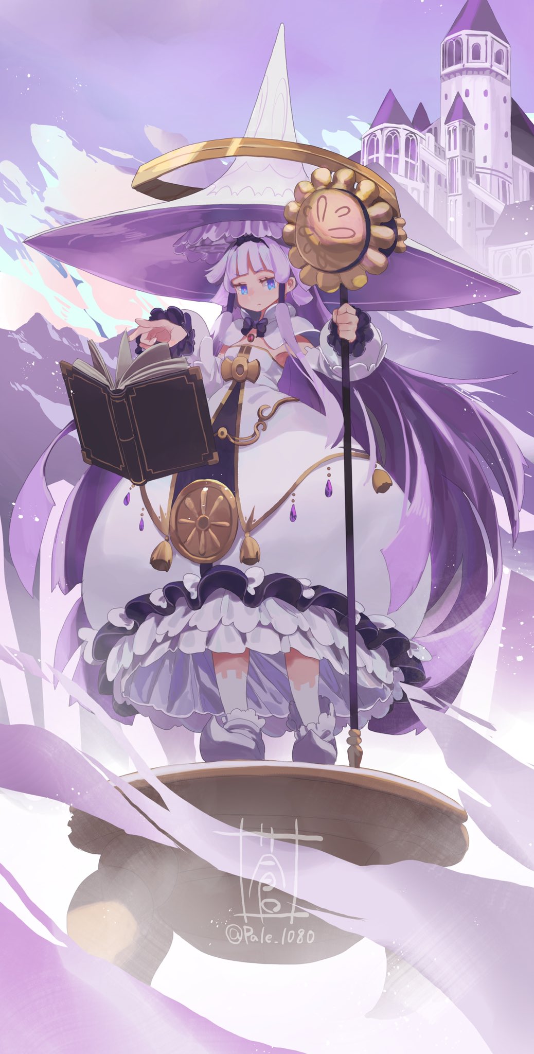 1girl, blue_eyes, book, bow, castle, closed_mouth, dress, floating