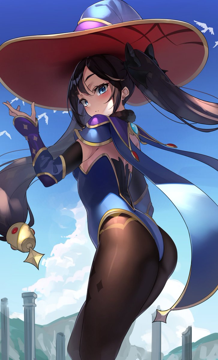 1girl, armor, ass, bird, black_hair, black_legwear, blue_eyes, blue_leotard