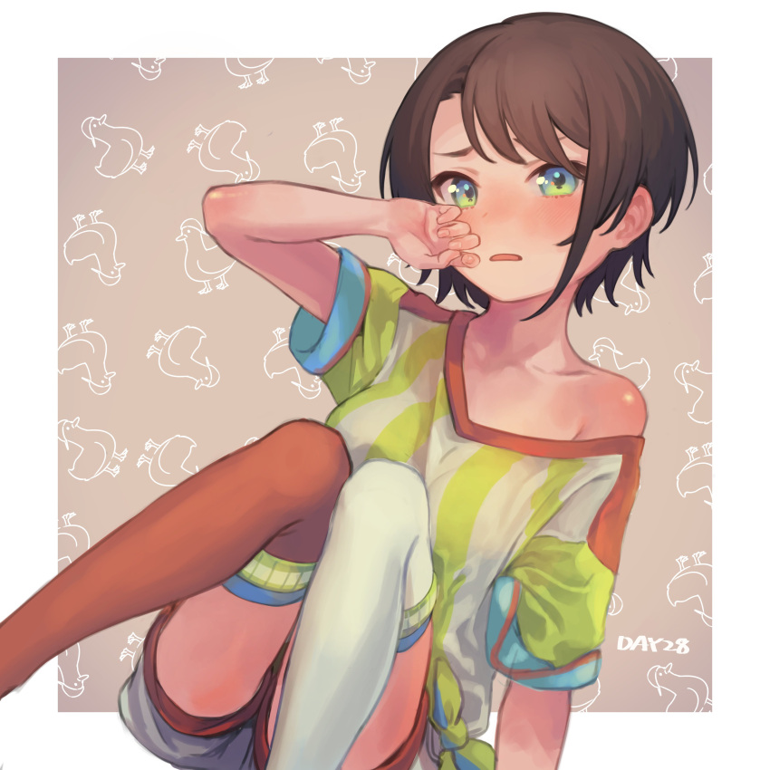 1girl, absurdres, asymmetrical_bangs, bangs, bird, blue_eyes, blush, brown_background