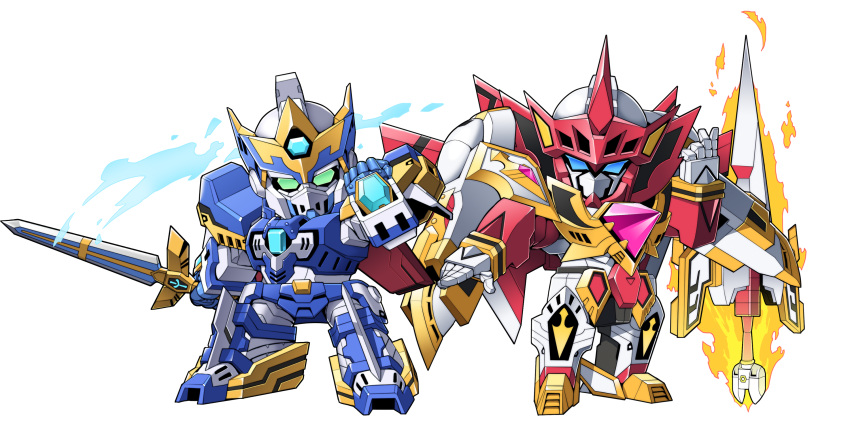 aqua_eyes, blue_eyes, bru_victor, chibi, clenched_hand, falsaber, highres, holding, holding_sword, holding_weapon, mecha, open_hand, science_fiction, standing, super_robot, super_robot_wars, super_robot_wars_bx, sword, tonami_kanji, weapon, white_background