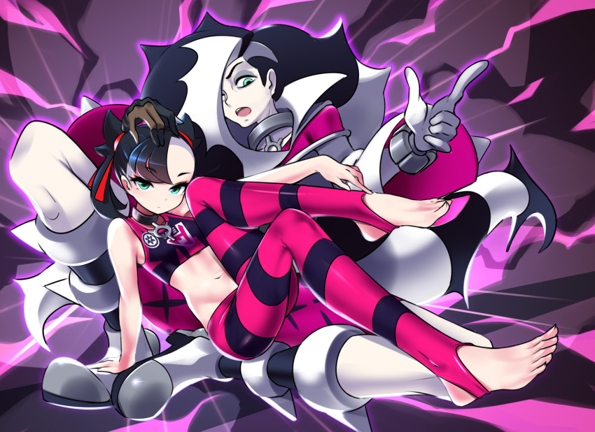 1boy, 1girl, aqua_eyes, arm_support, arm_up, asymmetrical_hair, bare_shoulders, black_hair