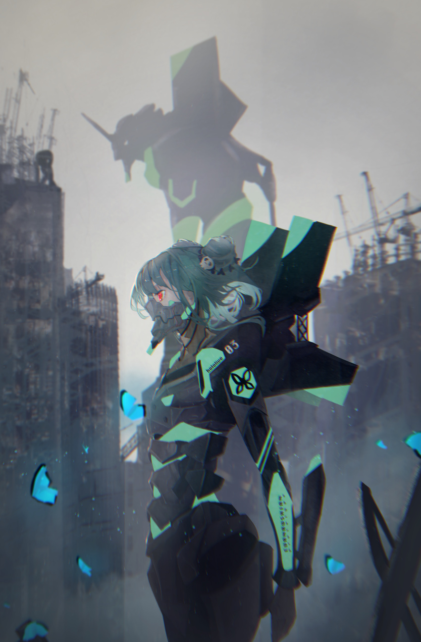 1girl, absurdres, bug, butterfly, cosplay, crossover, double_bun, eva_01