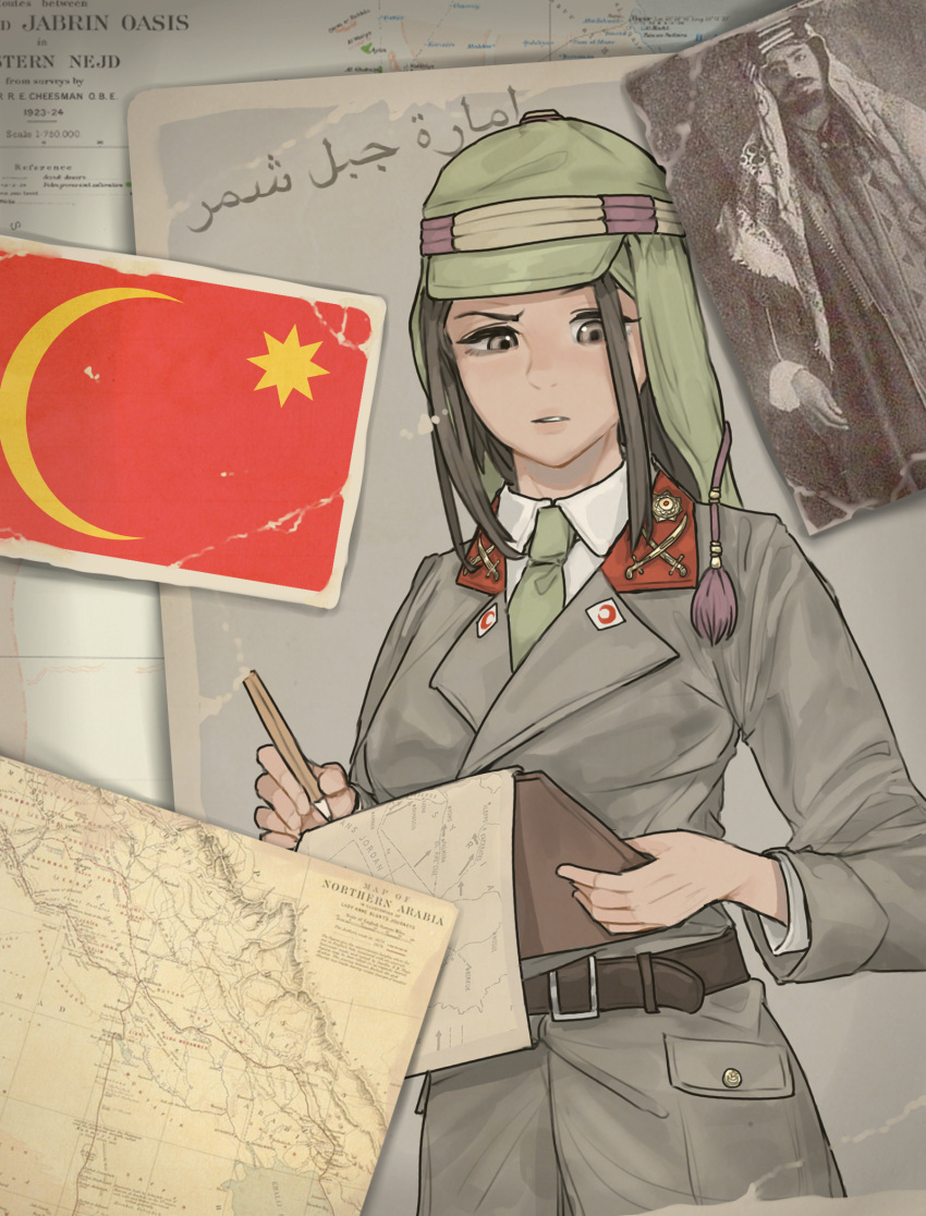 1girl, arabian_clothes, arabian_peninsula, arabic_text, belt, breasts, brown_eyes, brown_hair