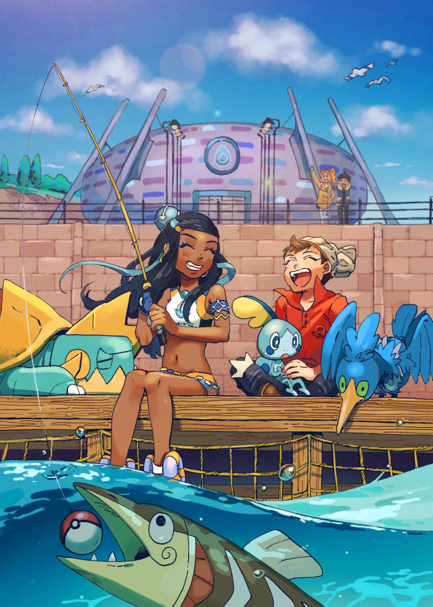 2boys, 2girls, arm_up, armlet, arrokuda, beanie, belly_chain, bike_shorts