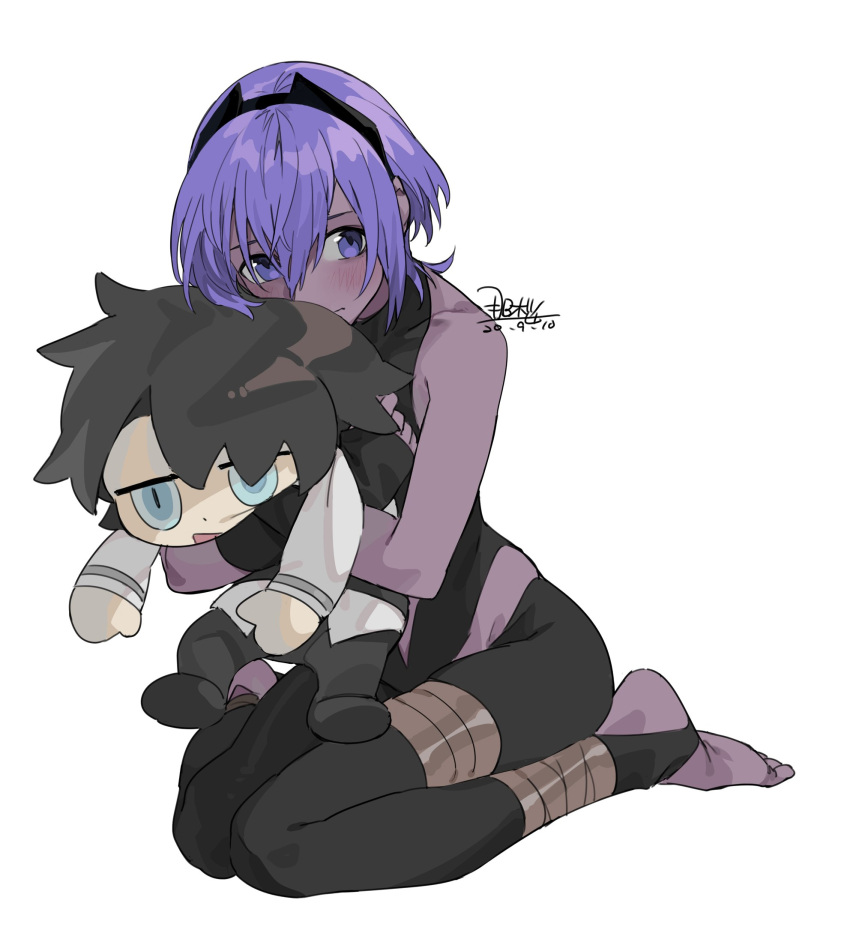 1girl, black_hairband, black_leotard, blush, chaldea_uniform, dark_skin, dark-skinned_female, dated