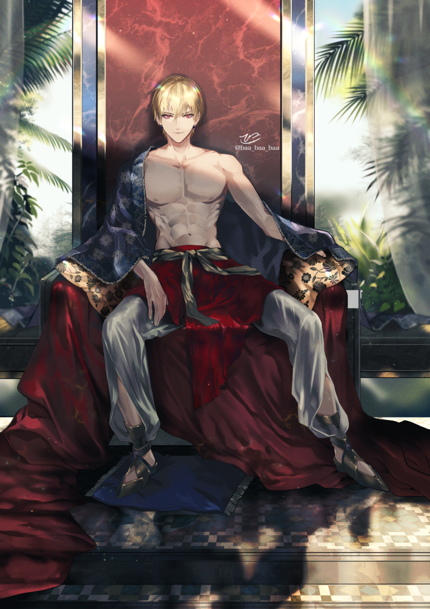 1boy, abs, blonde_hair, collarbone, earrings, eyeshadow, fate/stay_night, fate_(series)