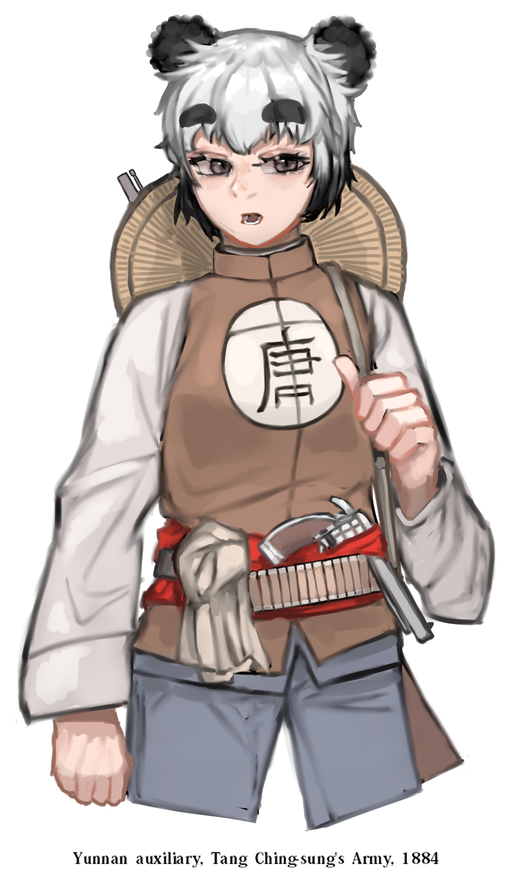 1girl, belt, black_hair, bullet, china, english_text, gun, highres