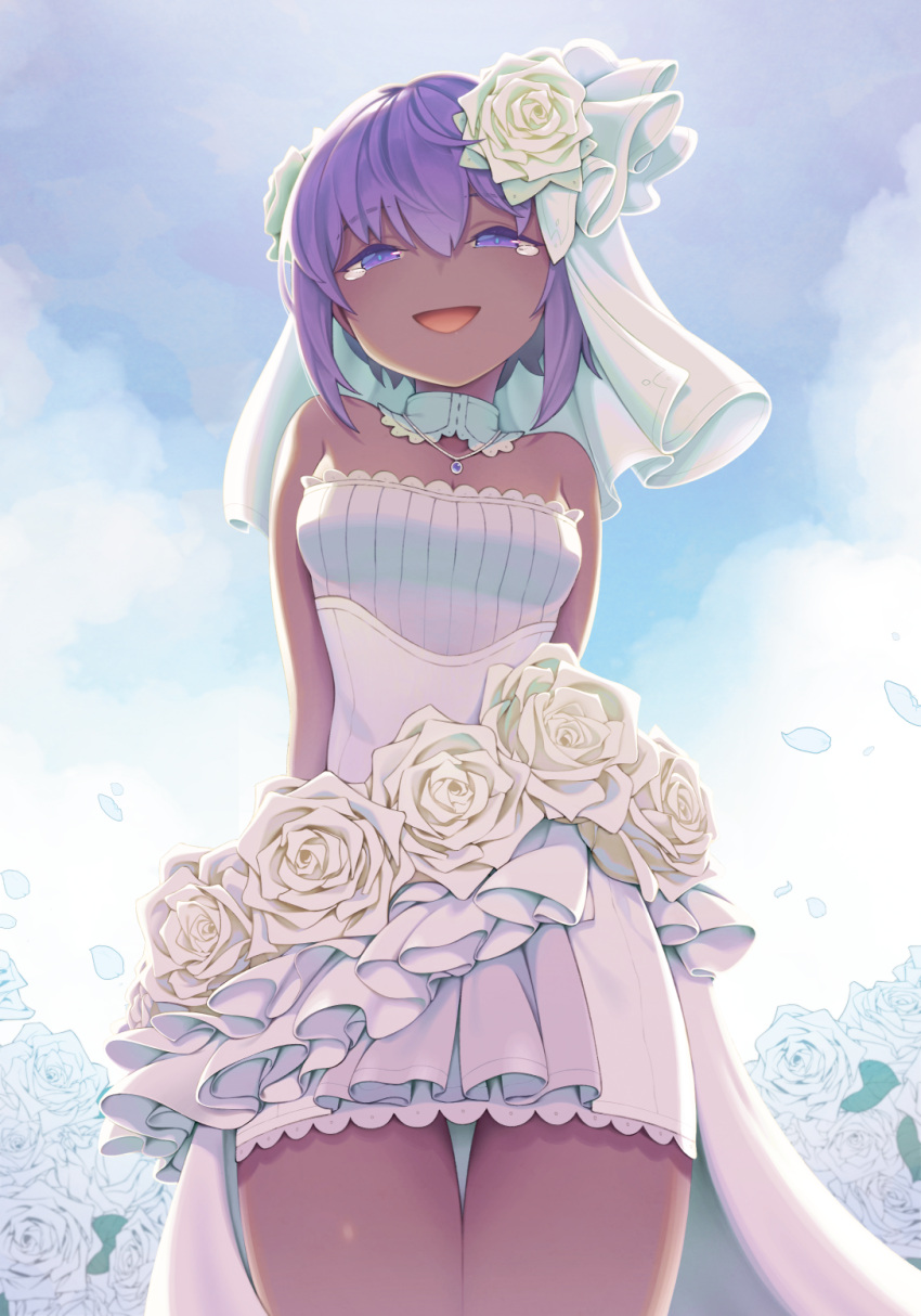 1girl, alternate_costume, blue_sky, bridal_veil, choker, clouds, cowboy_shot, dark_skin