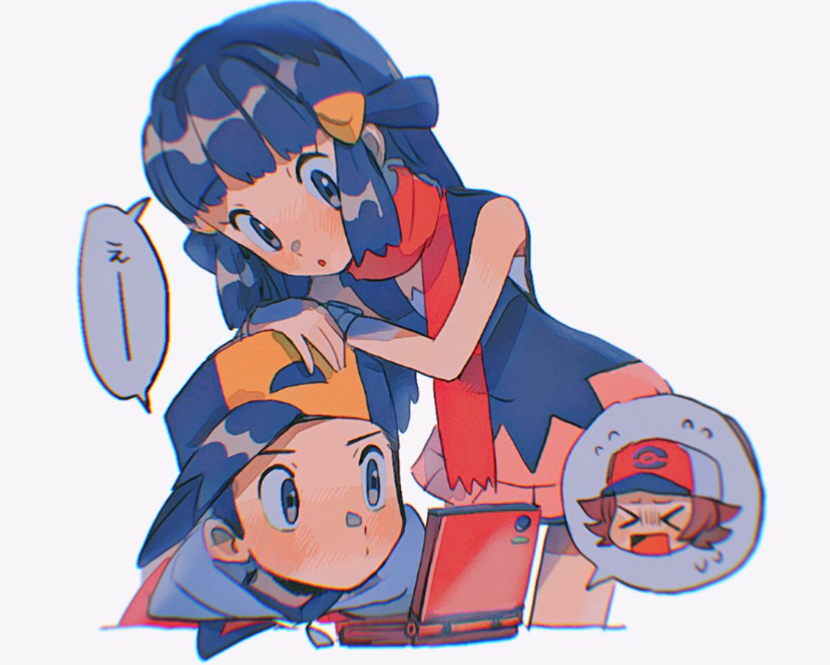 >_<, 1boy, 1girl, backwards_hat, bangs, baseball_cap, black_hair, blurry, blush, commentary_request, hikari_(pokemon), ethan_(pokemon), eyelashes, flying_sweatdrops, grey_eyes, hair_ornament, hairclip, hat, hilbert_(pokemon), hinann_bot, pokemon, pokemon_(game), pokemon_bw, pokemon_dppt, pokemon_hgss, red_scarf, scarf, shared_speech_bubble, shiny, shiny_hair, sidelocks, sleeveless, speech_bubble, spoken_character, zipper_pull_tab