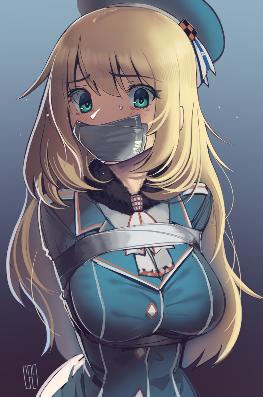 1girl, arms_behind_back, atago_(kantai_collection), bdsm, beret, blonde_hair, blue_headwear, bondage