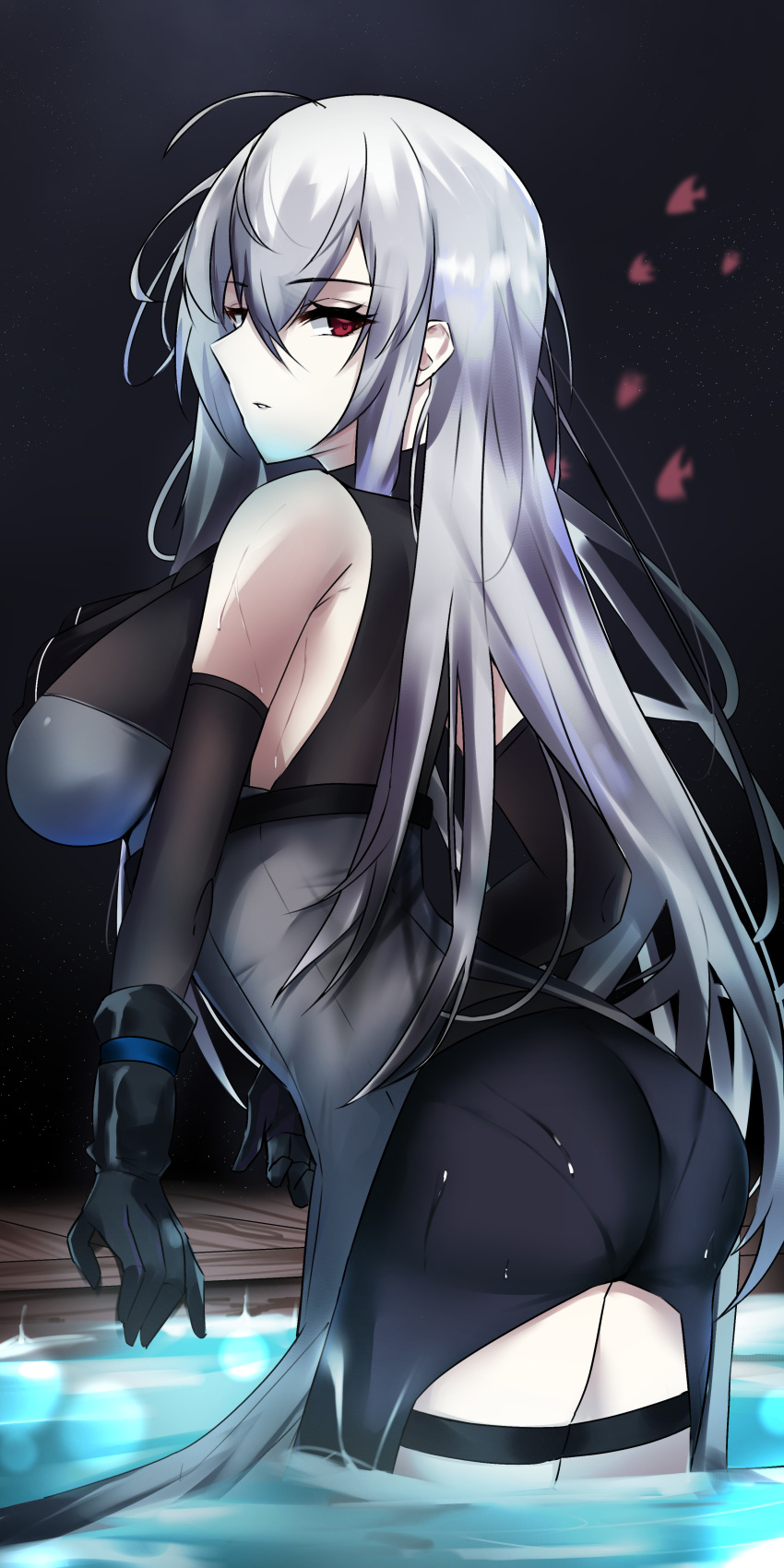 1girl, absurdres, arknights, ass, bangs, black_gloves, breasts, dark_background