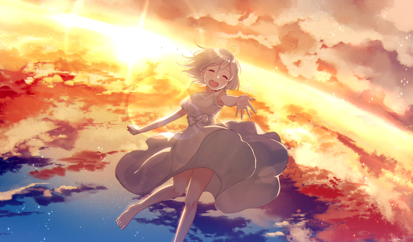 1girl, asu_no_yozora_shoukaihan_(vocaloid), blue_sky, character_name, closed_eyes, clouds, cloudy_sky, commentary_request