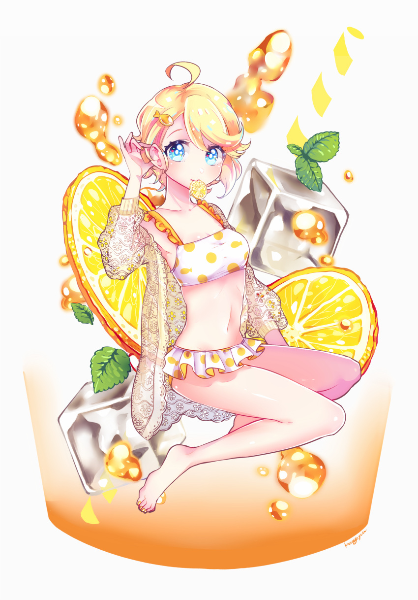 1girl, ahoge, artist_name, bangs, barefoot, bikini, bikini_skirt, blonde_hair