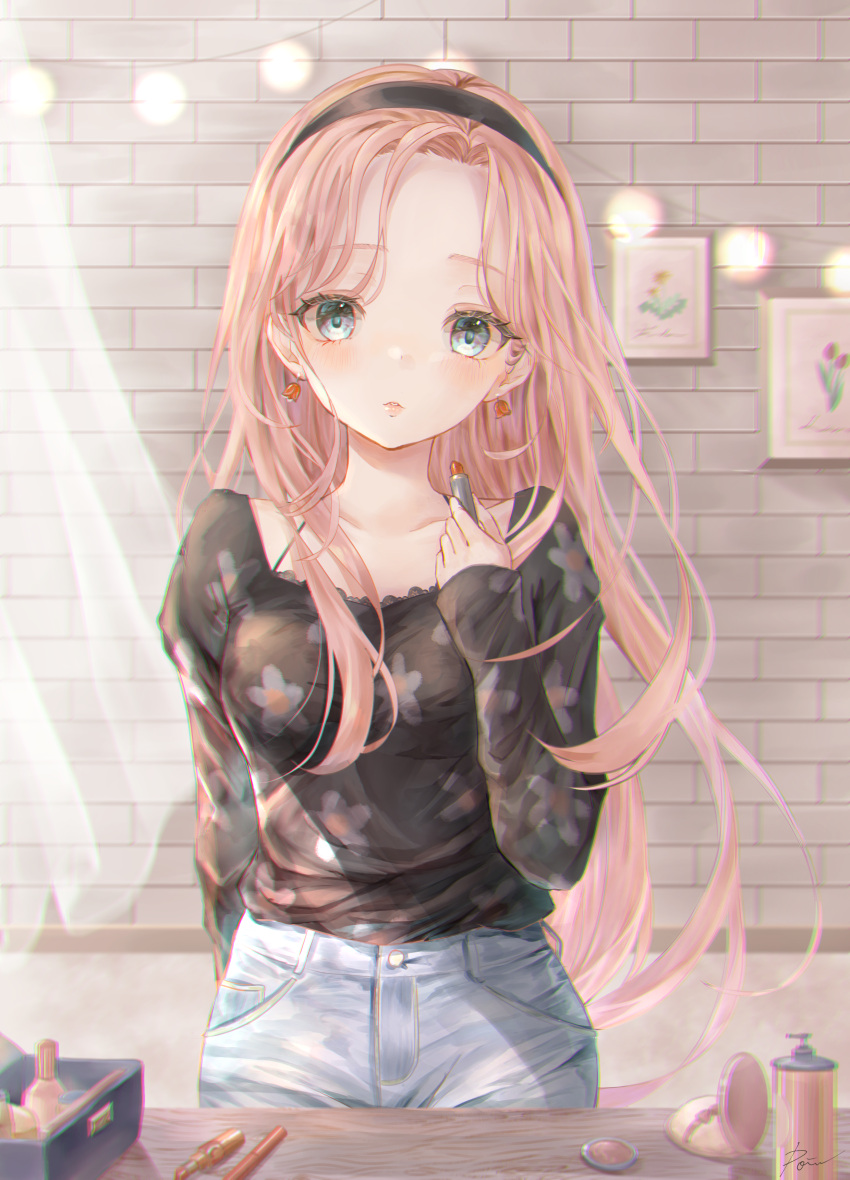 1girl, absurdres, arm_behind_back, arm_up, bangs, black_shirt, blue_eyes, bra_strap, breasts, brick_wall, collarbone, commentary_request, compact_(cosmetics), cosmetics, curtains, denim, earrings, floral_print, flower_earrings, hairband, head_tilt, highres, holding, holding_lipstick_tube, indoors, jeans, jewelry, light_blush, lips, lipstick, lipstick_tube, long_hair, looking_at_viewer, makeup, open_box, original, pants, parted_bangs, parted_lips, photo_(object), pink_hair, powa_(36iii), shirt, sleeves_past_wrists, small_breasts, solo, standing, string_of_light_bulbs, upper_body, very_long_hair, wooden_table