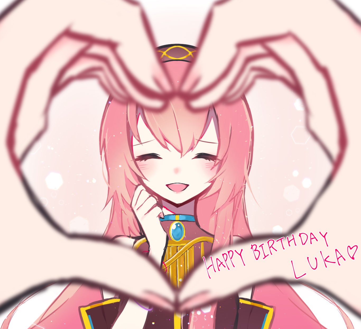 1girl, armband, black_shirt, blurry, blurry_foreground, blush, brooch, character_name, closed_eyes, commentary, depth_of_field, gold_trim, hairband, happy_birthday, heart, heart_hands, highres, jewelry, megurine_luka, monitaros_393, open_mouth, pink_background, pink_hair, pov, pov_hands, shirt, sleeveless, sleeveless_shirt, smile, upper_body, vocaloid