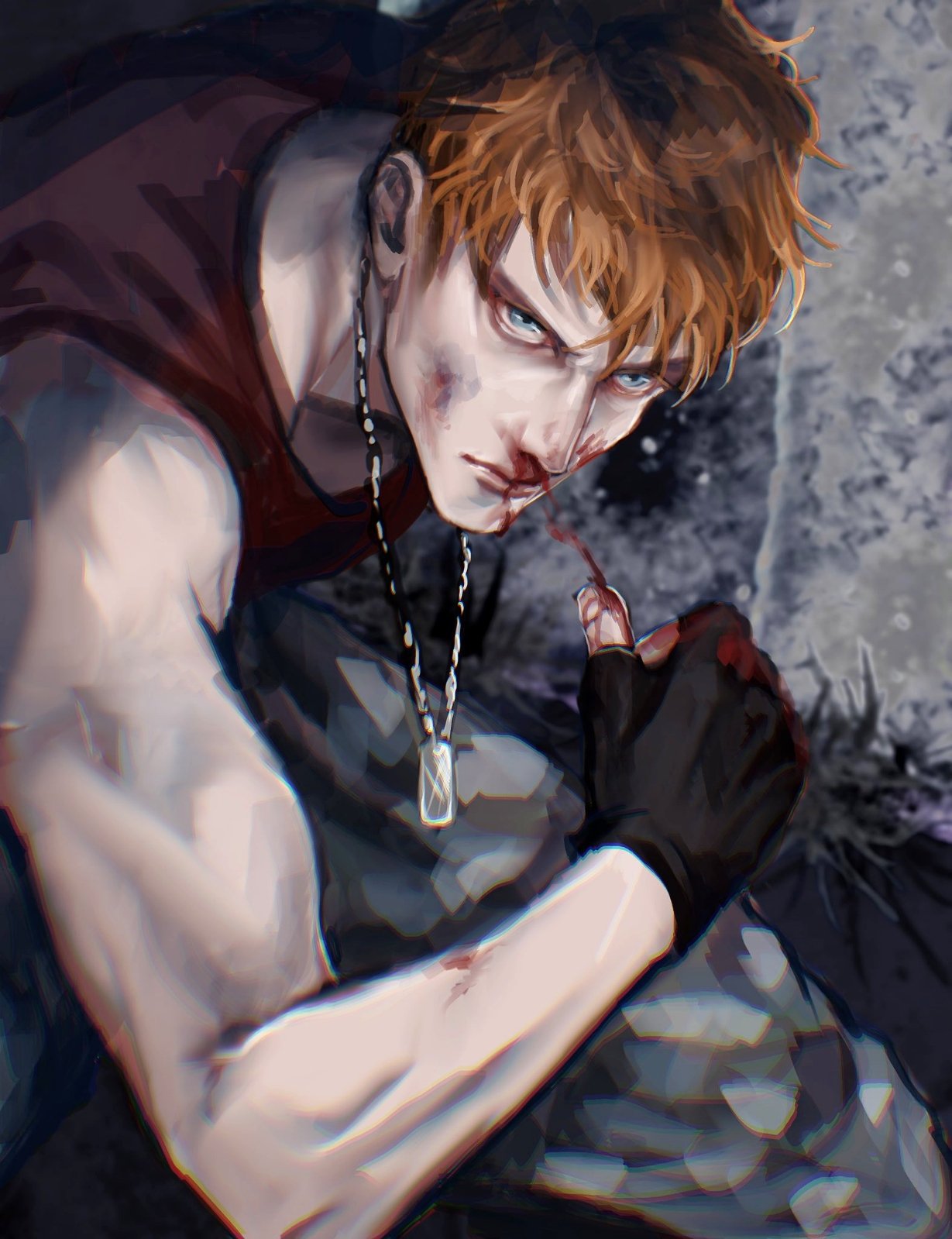 1boy, black_gloves, bleeding, blood, bloody_hands, bloody_nose, blue_eyes, brown_hair