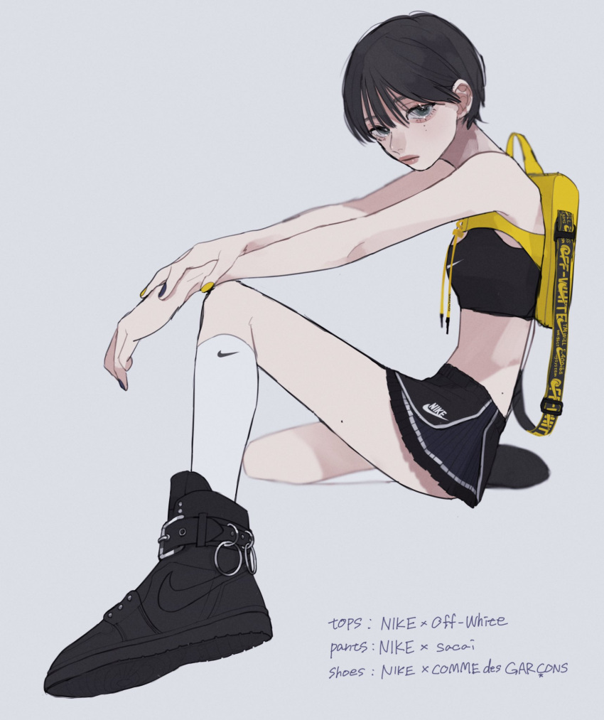 1girl, backpack, bag, black_footwear, black_hair, black_nails, black_skirt, highres