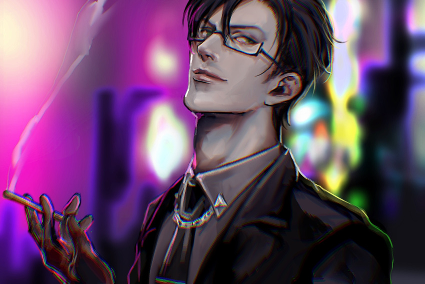 1boy, black-framed_eyewear, black_neckwear, black_suit, blurry, blurry_background, chromatic_aberration, cigarette