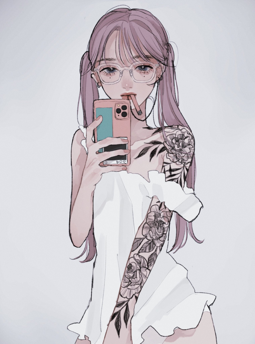 1girl, earrings, glasses, grey_background, highres, holding, holding_phone, jewelry