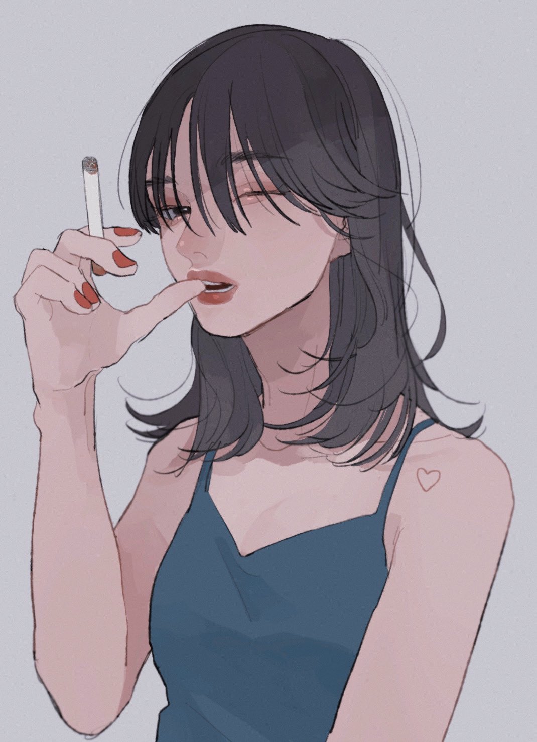 1girl, bangs, black_hair, blue_camisole, camisole, cigarette, grey_background, hand_up