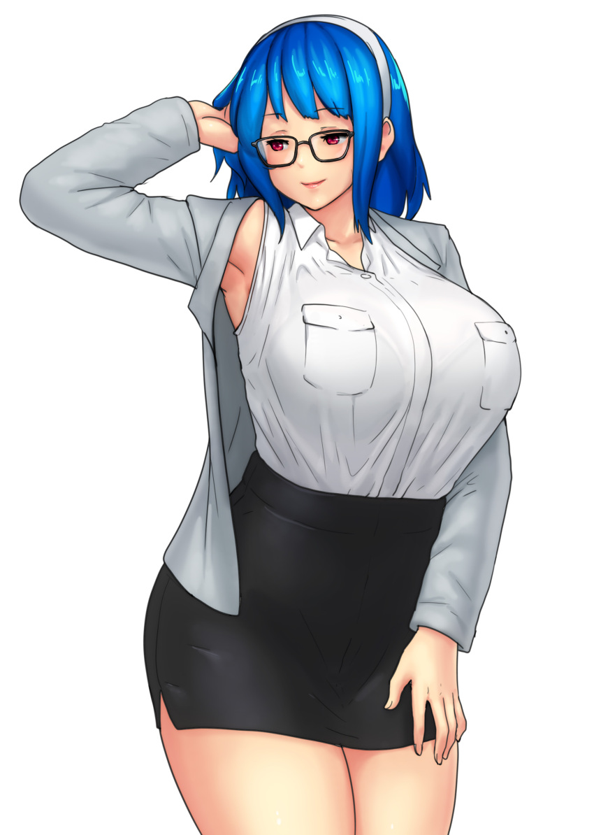 1girl, absurdres, arm_up, armpits, bangs, black_skirt, blue_hair, breast_pocket