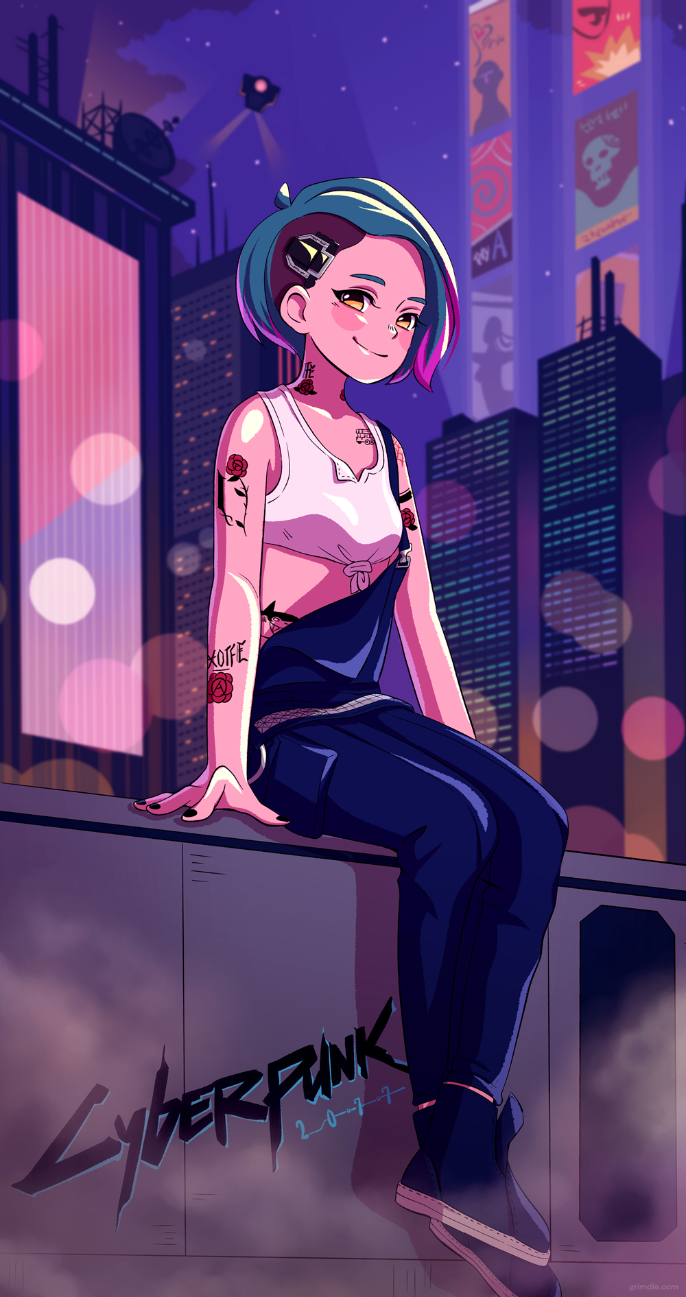 1girl, aqua_hair, black_footwear, black_nails, blue_overalls, blush, building, copyright_name