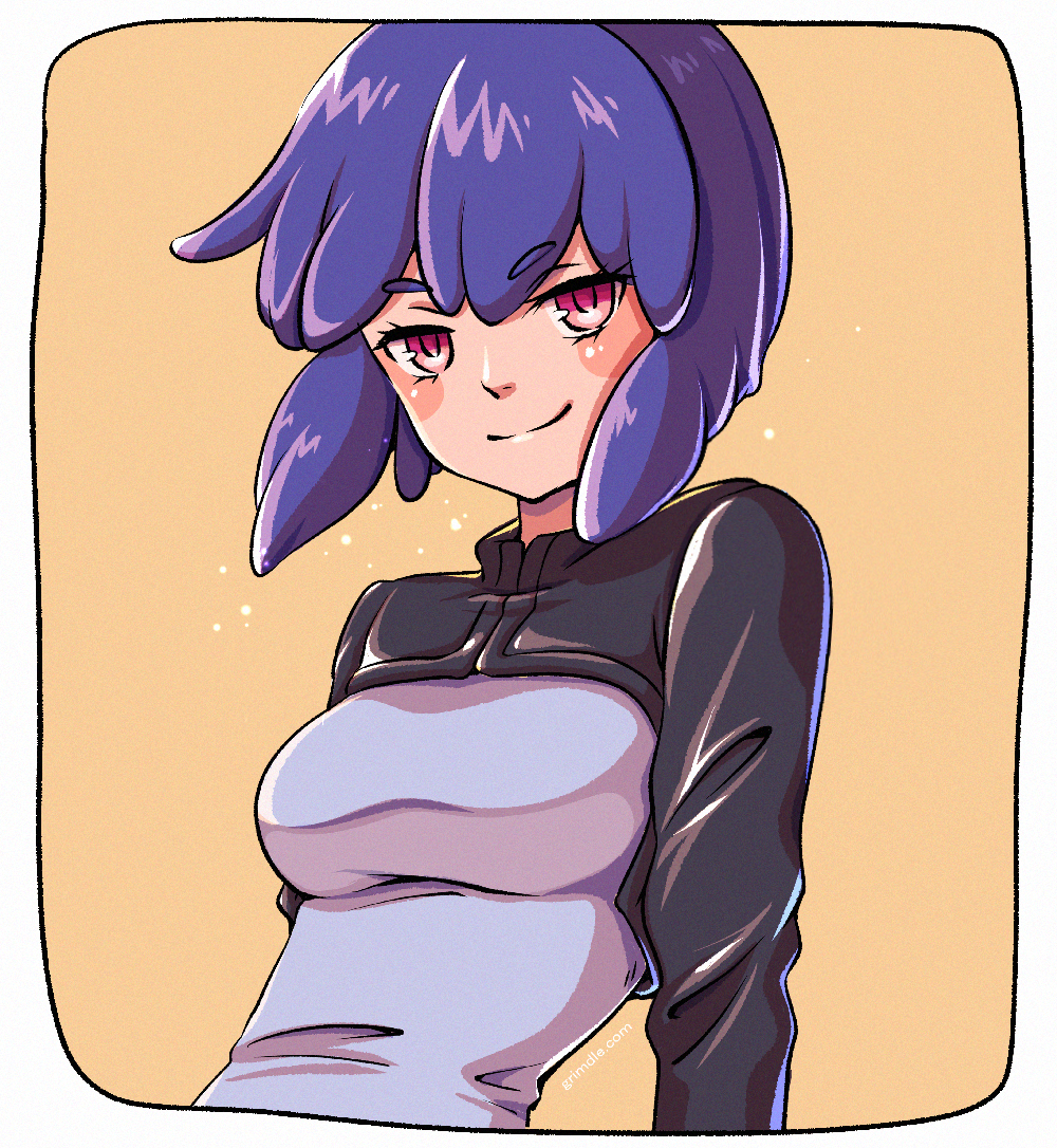 1girl, bangs, blush, breasts, eyebrows_visible_through_hair, ghost_in_the_shell, grimdle, kusanagi_motoko, medium_breasts, purple_hair, red_eyes, short_hair, simple_background, smile, solo, upper_body, yellow_background