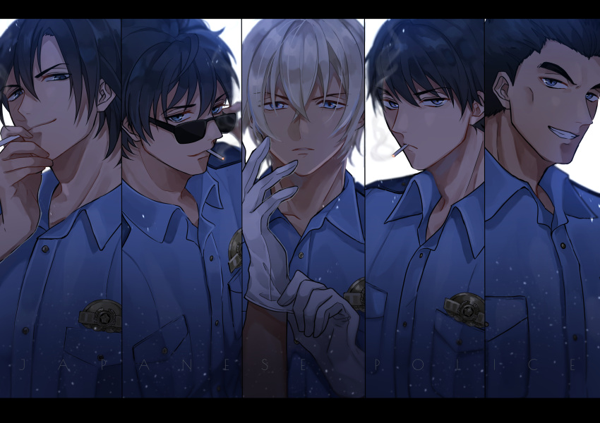 5boys, absurdres, adjusting_clothes, adjusting_eyewear, adjusting_gloves, amuro_tooru, bangs, black_hair
